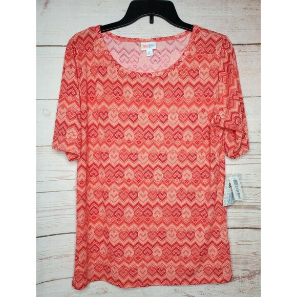 LulaRoe XL 3392 GiGi Peach Heart Squiggly Line Short Sleeve Poly/Spandex Shirt - Picture 1 of 12
